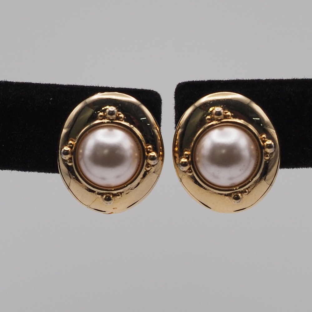 Vintage Earrings Faux Pearl Cabochon Gold Tone Oval Button Post Polished Bridal